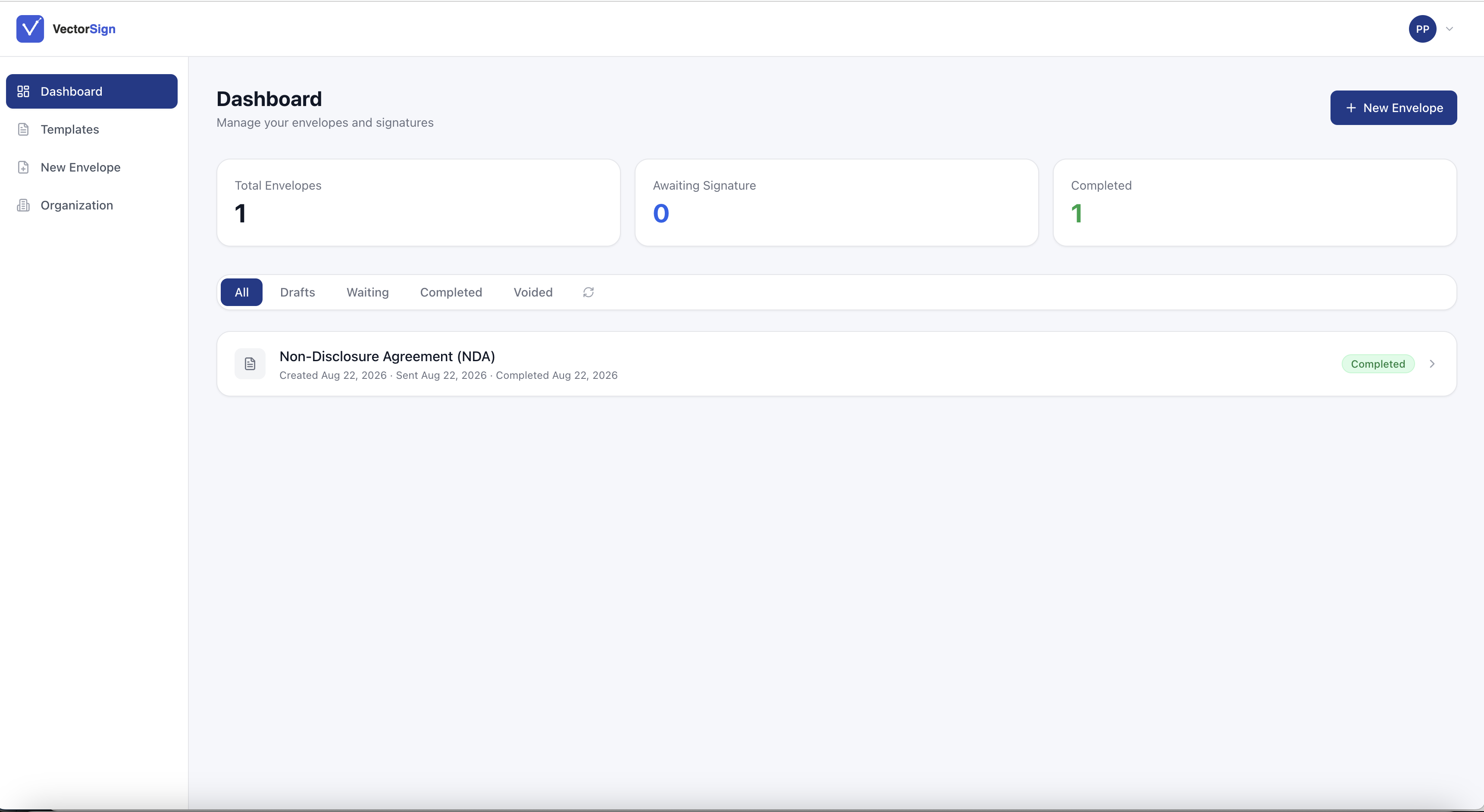 VectorSign dashboard screenshot